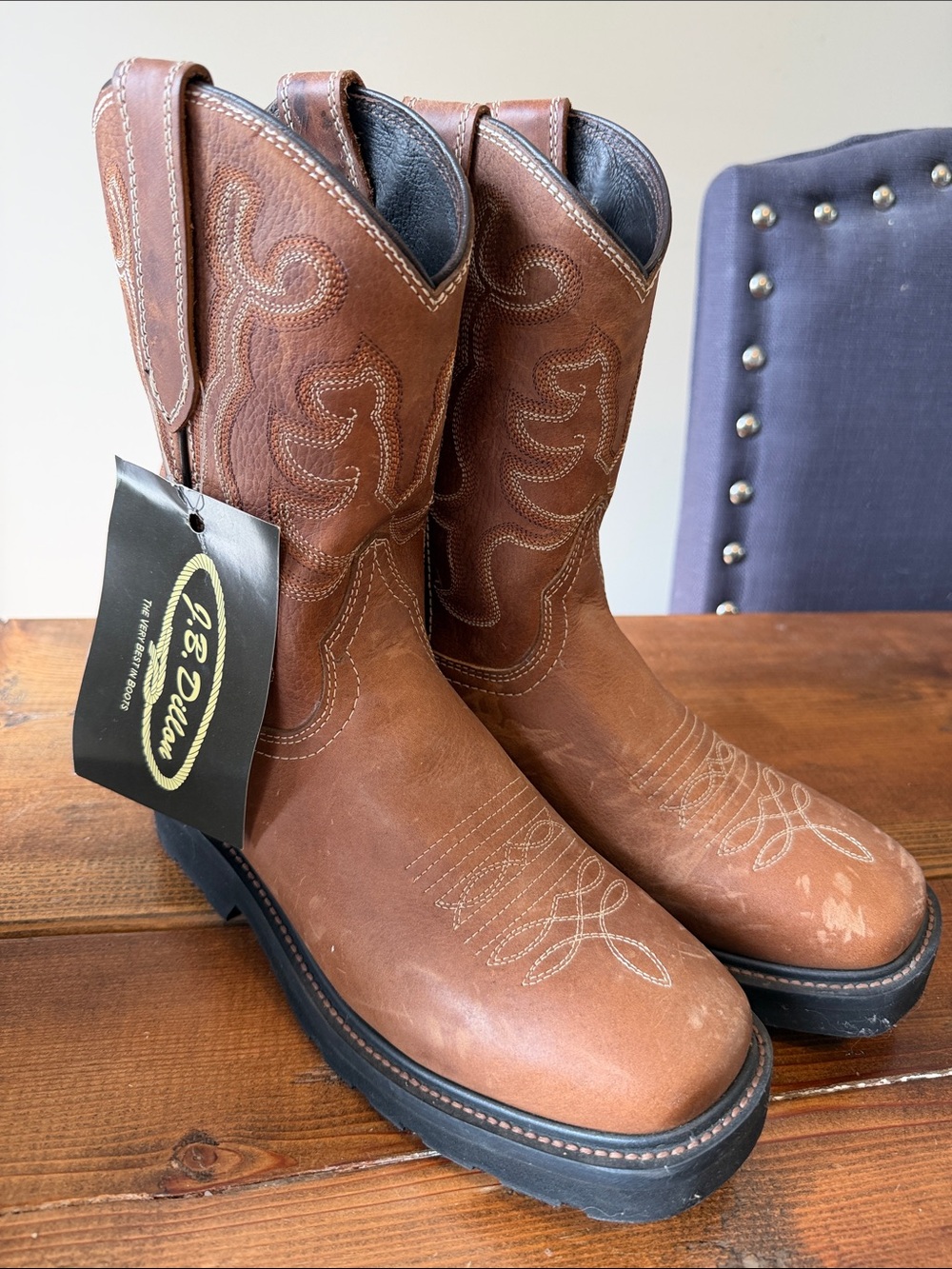 J.B. Dillon Brown Pull On Work Sole Square Toe Boots Mid Calf Shaft Cowgirl